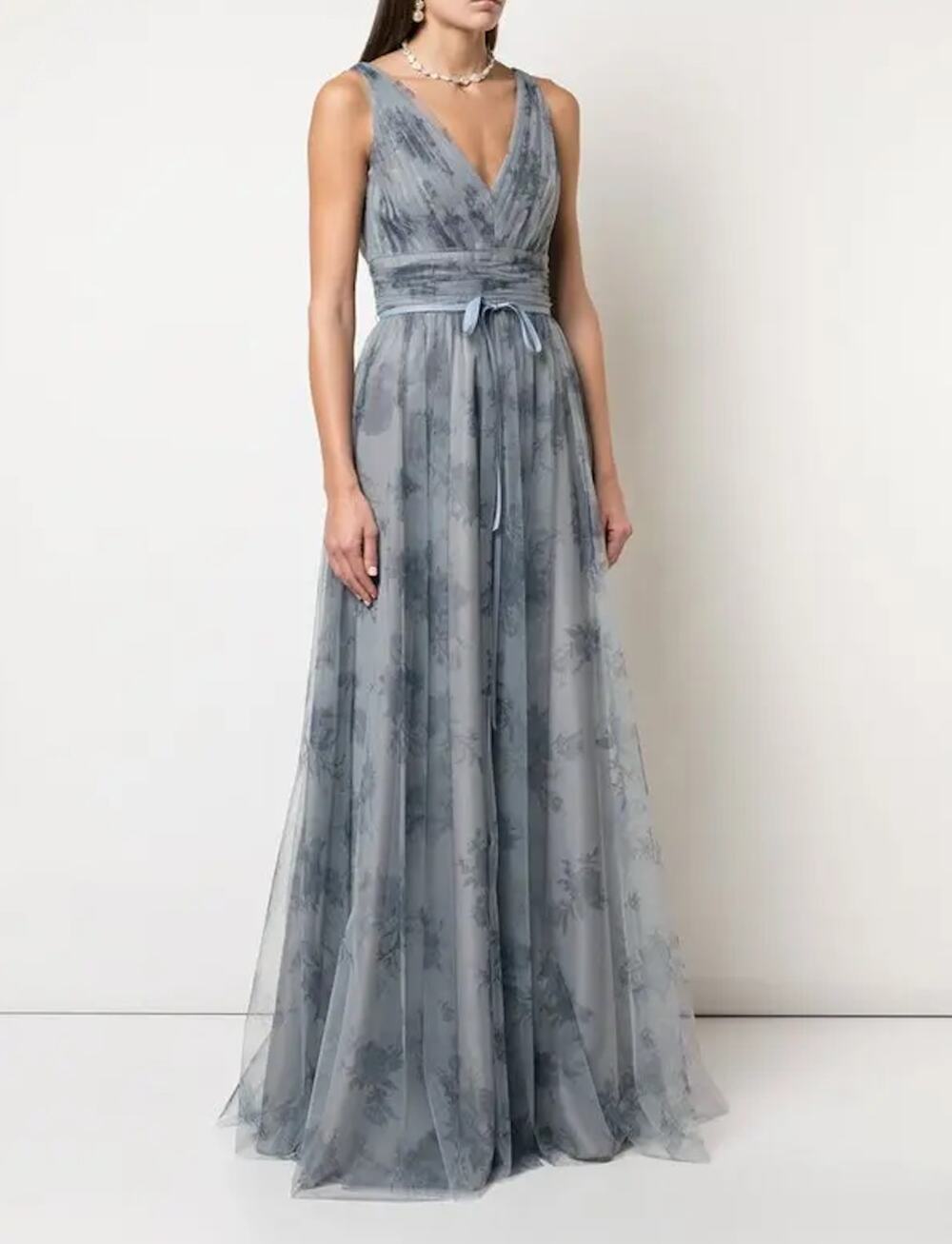 Marchesa Notte Bridesmaid Tulle Floral Gown Gray Purple Blue size 8